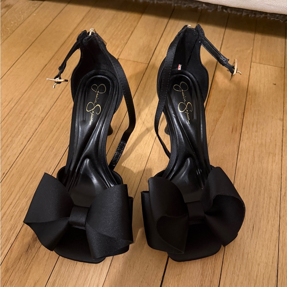 Jessica Simpson Black Satin Bow Ankle-Strap Heels
